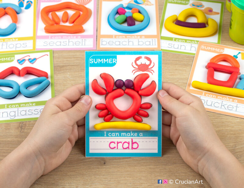 Summer-themed playdough mat with an image and word of a crab. Educational playdough printables for seasonal early childhood curriculum.