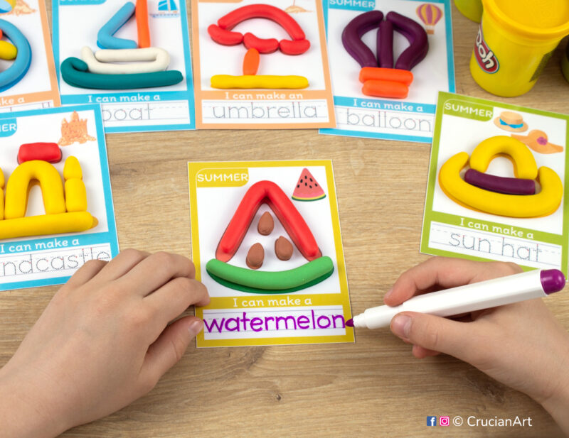 Printable Summer Season playdough mats. Seasonal play dough mat with a watermelon. Do-it-yourself language learning educational resources for childcare centers.