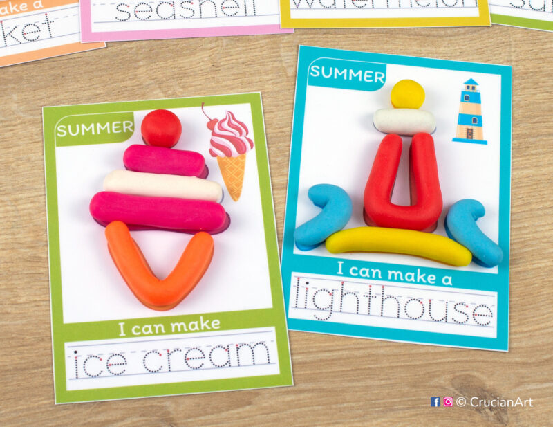 Set of printable playdough mats for seasonal learning theme. Summer season symbols of an Ice cream and a Lighthouse.
