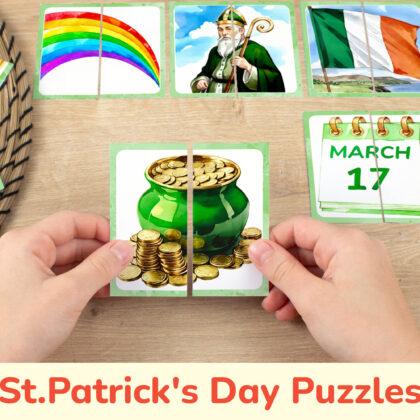 Saint Patrick Day picture puzzles for toddler and preschool seasonal education. DIY classroom resources for March 17th holiday unit.