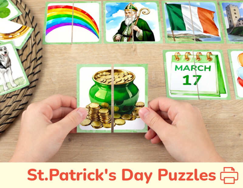 Saint Patrick Day picture puzzles for toddler and preschool seasonal education. DIY classroom resources for March 17th holiday unit.