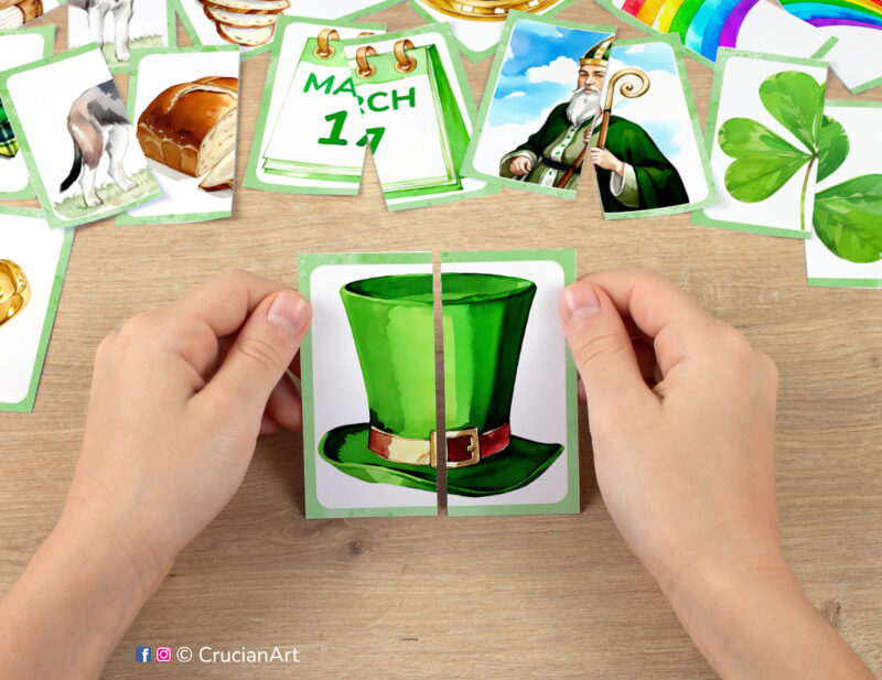 Kids puzzle matching activity in use. Saint Patrick Day theme Montessori printables for two year olds.