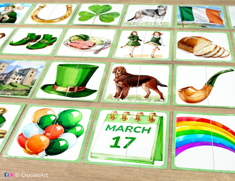 Set of Saint Patrick Day theme puzzle pairs to print for classroom activity. Spring holiday DIY toddler and preschool matching game.