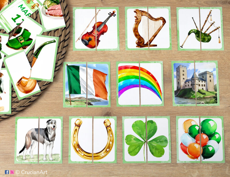 Saint Patrick Day theme puzzles: match the puzzle halves printable game for early learning. Visual discrimination cards for toddler.