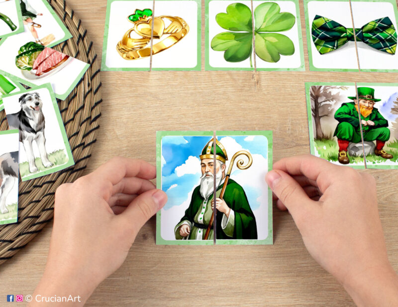 Saint Patrick Day puzzles and problem-solving play for preschool classrooms. Fine motor skills development for three year olds.