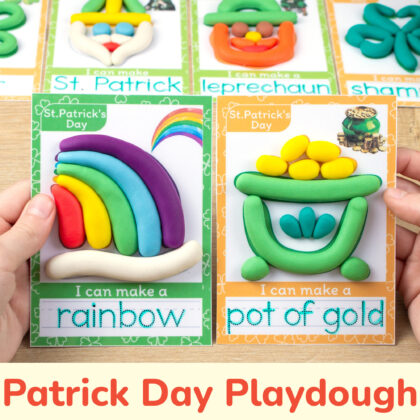 Interactive Saint Patrick Day theme playdough mats for preschool curriculum. Rainbow and Pot of Gold play-doh mats with tracing word.