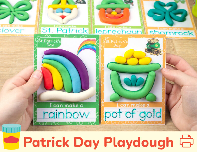 Interactive Saint Patrick Day theme playdough mats for preschool curriculum. Rainbow and Pot of Gold play-doh mats with tracing word.