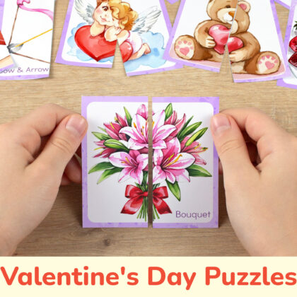 Saint Valentine Day theme picture puzzles for toddler and preschool education. DIY classroom resources for winter holiday unit.