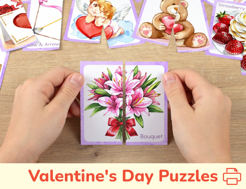 Saint Valentine Day theme picture puzzles for toddler and preschool education. DIY classroom resources for winter holiday unit.