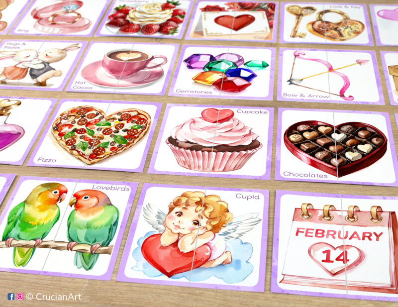 Set of Saint Valentine Day holiday puzzle pairs to print for classroom activity. Picture puzzles: Cupid, lovebirds, February 14th, chocolates, heart-shaped pizza, bow and arrow, cupcake, hugs and kisses. DIY toddler and preschool matching game.