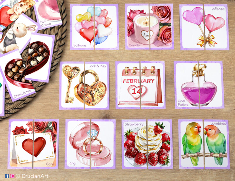 Match the puzzle halves printable game for early learning. Saint Valentine Day picture puzzles: Valentine card, lovebirds, strawberries, love potion bottle, heart-shaped balloons, lock and key, chocolates, heart-shaped lollipops. February 14th Holiday visual discrimination cards for toddler.