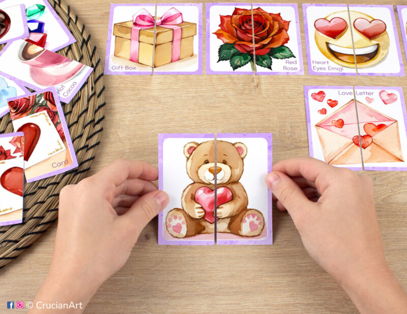 Kids puzzle matching activity in use. Montessori printables for two year olds. Saint Valentine Day theme picture puzzles for three year olds: Teddy bear, red rose, love letter, holiday gift box.