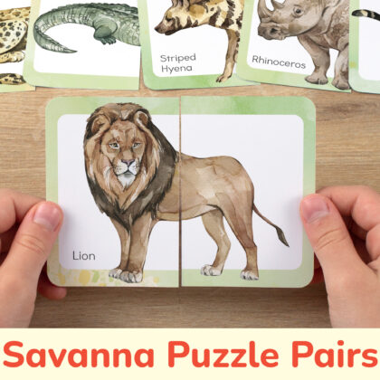 African savanna animals theme picture puzzles for toddler and preschool education. DIY classroom resources for the grassland wildlife learning.
