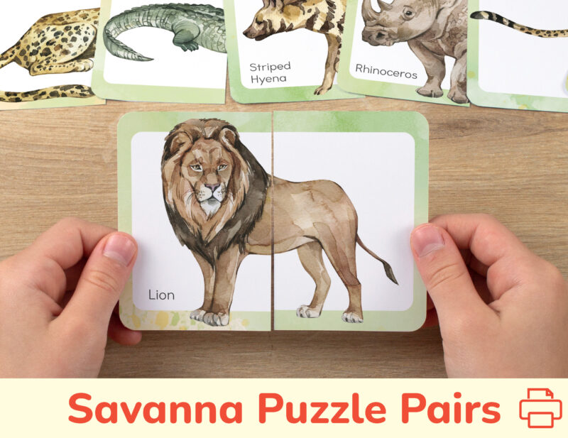 African savanna animals theme picture puzzles for toddler and preschool education. DIY classroom resources for the grassland wildlife learning.