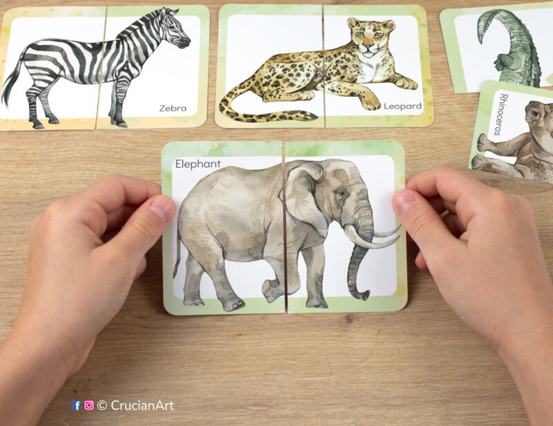 Grassland and african savanna animals: elephant, zebra, leopard. Kids watercolor picture puzzle in use. Montessori printables for two year olds.