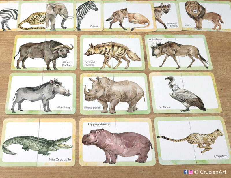 African savanna animals picture puzzles: hippo, rhino, Nile crocodile, cheetah, African buffalo, vulture, warthog, hyena, wildebeest. Match the puzzle halves printable game for early learning. Grassland animals theme visual discrimination cards for toddler.