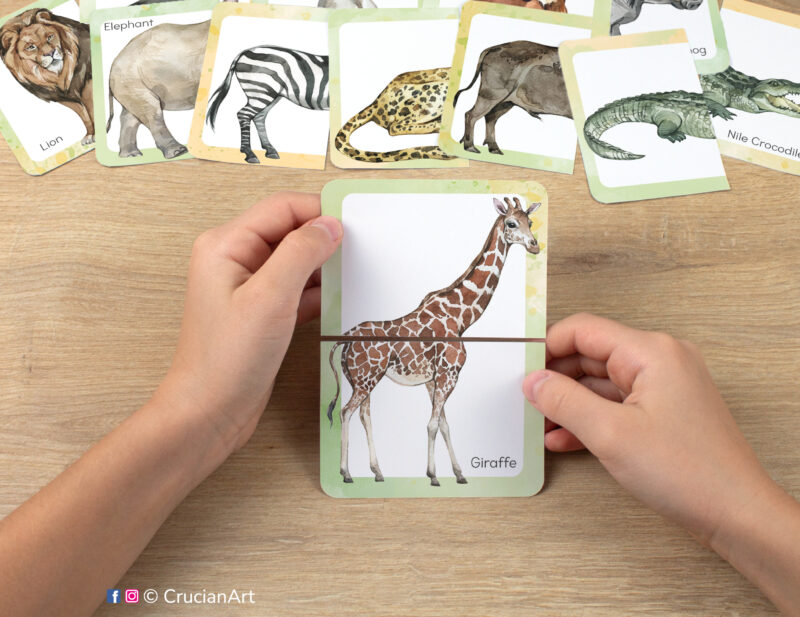 Giraffe watercolor picture puzzle. African savanna animals puzzles and problem-solving play for preschool classrooms. Fine motor skills development for three year olds.