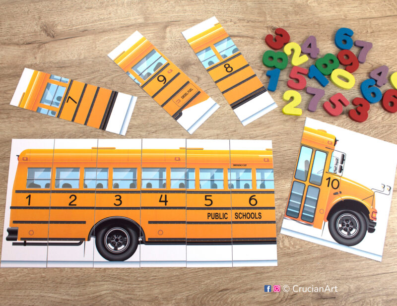 School bus theme printable activity for toddler and preschool classrooms to learn number order from one to ten or from eleven to twenty. Early math diy resource for teachers and homeschooling.