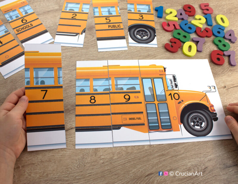 Learn number order from one to ten or from eleven to twenty with school bus puzzle. Printable number sequencing activity for toddler and preschool education.