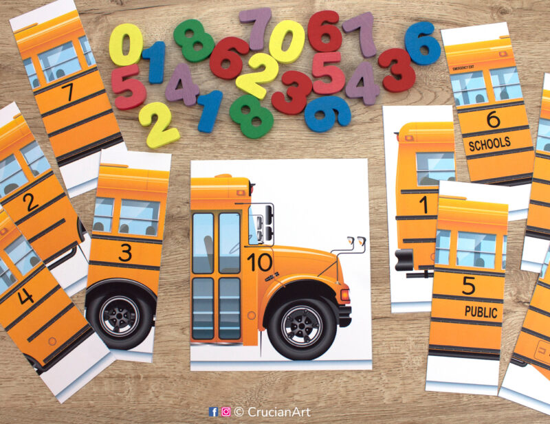 School bus preschool math activity. Learn number sequence from one to ten or from eleven to twenty. Printable resource for toddler and kindergarten teachers.