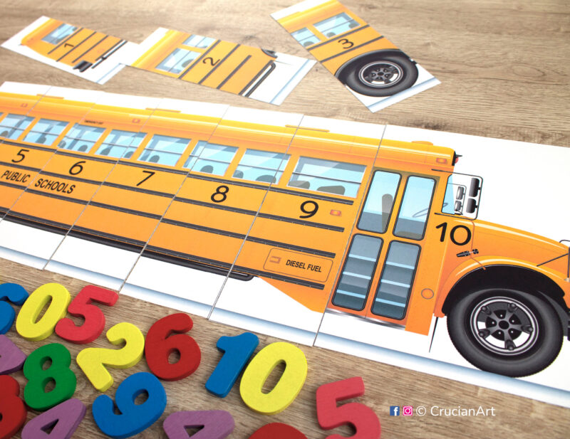 School bus printable activity for toddler and preschool classrooms to learn number order from one to ten or from eleven to twenty. Early math diy resource for teachers and homeschooling.