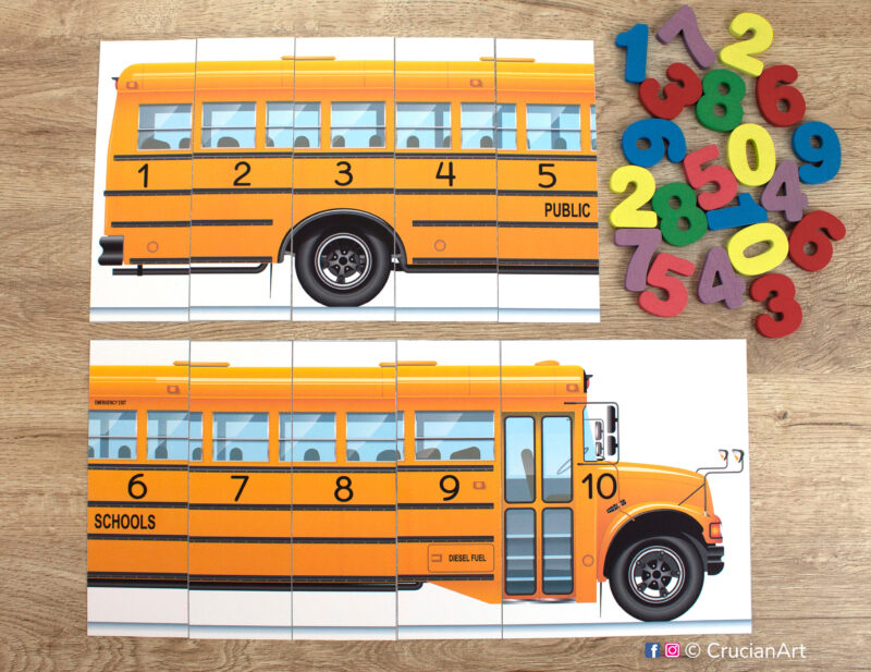 School bus theme early math printable activity. Practice number sequencing from one to ten or from eleven to twenty. Preschool printables for homeschooling.