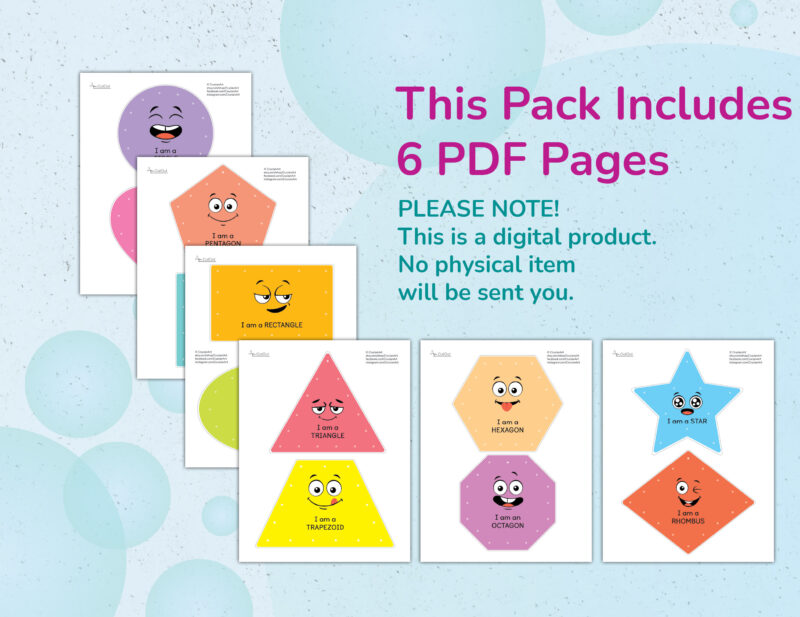Printable set of flat shapes lacing cards with 2d geometric shapes: circle, square, triangle, rectangle, oval, rhombus, trapezoid, pentagon, hexagon, octagon, heart, star. Fine motor skills resource. Toddler and preschool classroom printables.