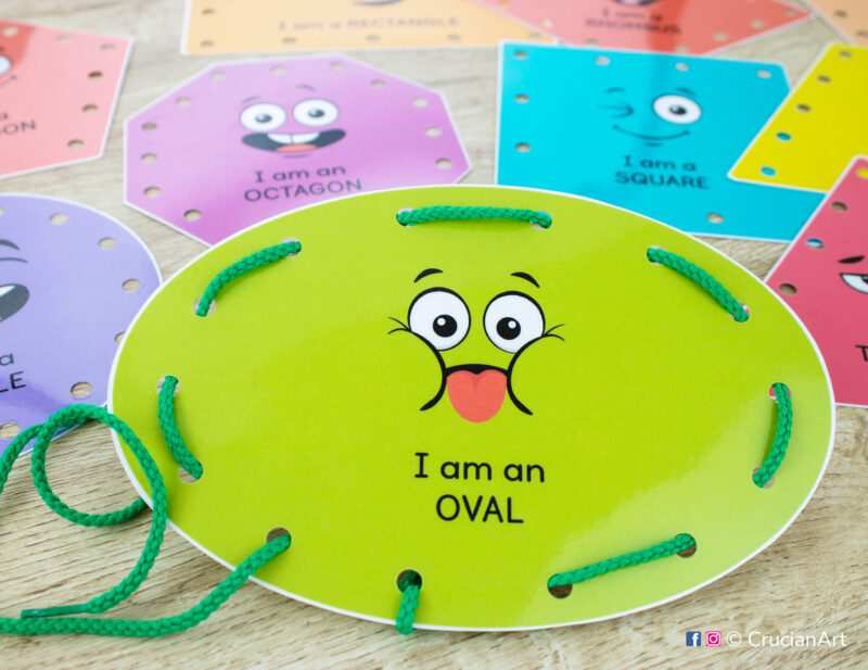 Oval shape lacing card. Early math printable materials for 2d shape recognition. DIY preschool educational resource to learn about flat shapes.