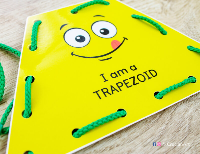 Trapezoid lacing card. DIY early math and fine motor skills toddler activity.