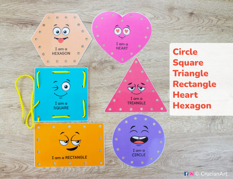 Do-it-yourself lacing cards for two-dimensional shapes learning and fine motor skills: circle, square, triangle, rectangle, hexagon, heart.