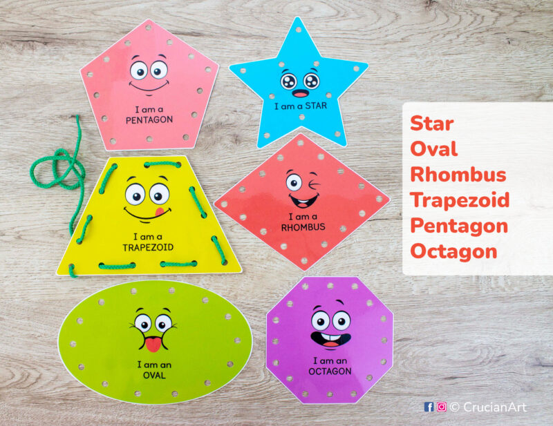 Do-it-yourself lacing cards for flat shapes learning and fine motor skills: oval, rhombus (diamond), trapezoid , pentagon, octagon, star.