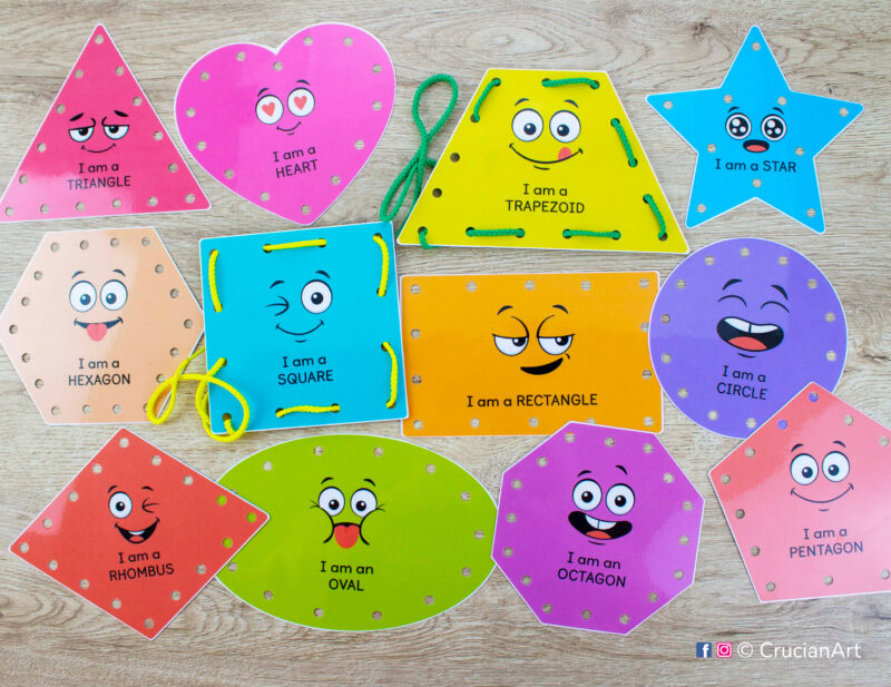 Set of geometric shapes theme lacing cards to print. Easy-to-make educational resource for 2d flat shapes learning in preschool classrooms. Printable Montessori tying toy: circle, square, triangle, rectangle, oval, rhombus (diamond), trapezoid, pentagon, hexagon, octagon, heart, star.