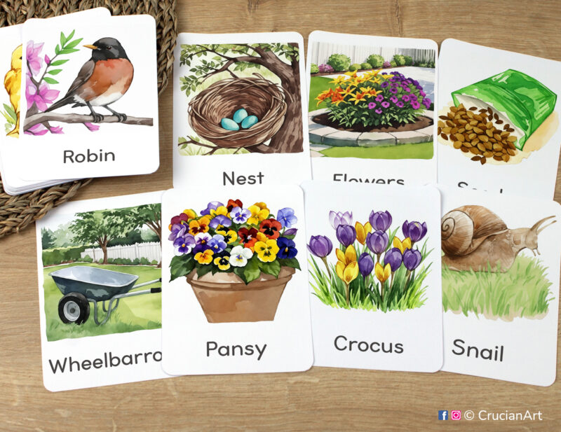 Spring Unit flashcards featuring watercolor illustrations of Robin bird, Nest with blue eggs, Flowers, Crocus, Pansy, Snail, Seeds, and Wheelbarrow laid out for studying in preschool classroom