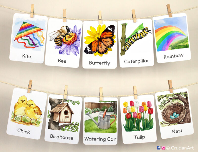 Set of Spring Season flashcards used as class or homeschool wall decor. Flash cards hang on twine with small wooden clothespins. Watercolor illustrations of Monarch Butterfly, Caterpillar, Honey Bee, Birdhouse, Nest, Chicks, Tulips, Rainbow, Kite.