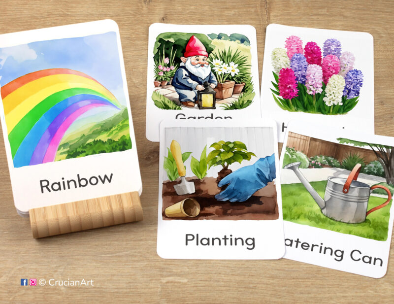 Spring Season Unit Flashcards featuring images of a Rainbow, Planting, Watering Can, Hyacinth, and a Garden Gnome, ready for learning activity