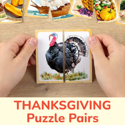 Thanksgiving Day holiday picture puzzles for toddler and preschool education: watercolor image of a turkey. DIY classroom resources for seasonal learning.