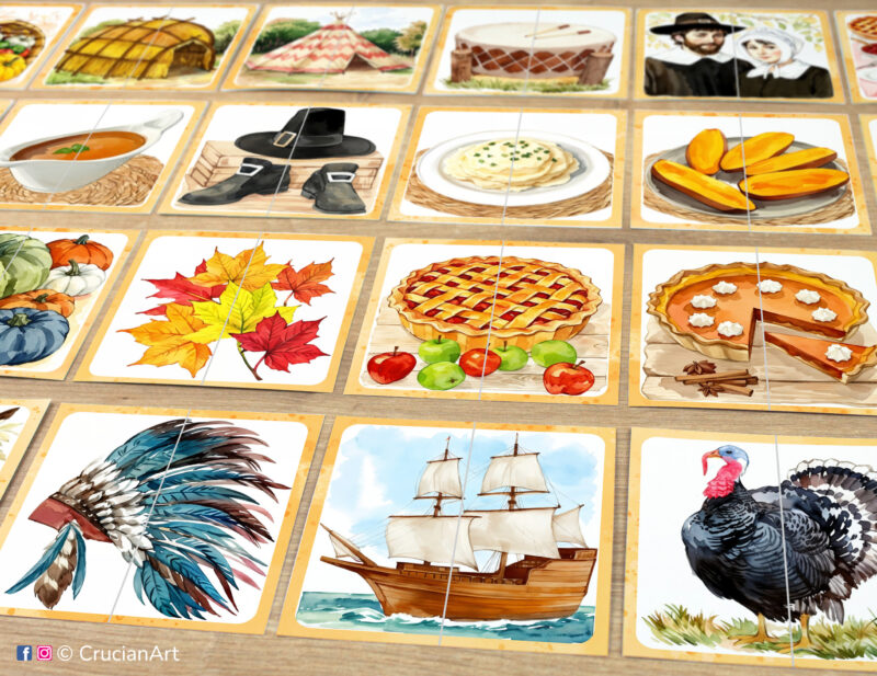 Set of Thanksgiving Day puzzle pairs to print for classroom activity. Picture puzzles: Mayflower ship, feathered headdresses, turkey, apple pie, pumpkin pie, autumn leaves, pumpkins, pilgrim hat and shoes. DIY toddler and preschool matching game.