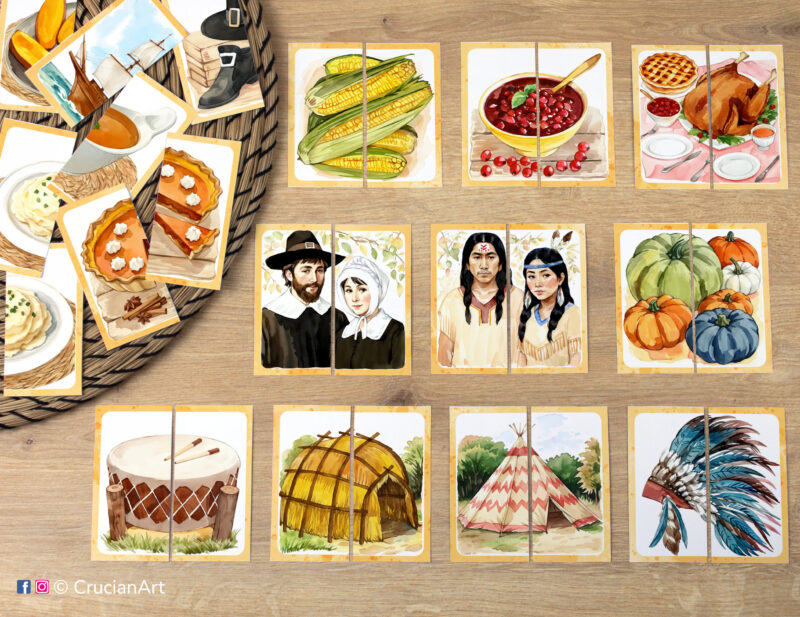 Match the puzzle halves printable game for early learning. Thanksgiving Day picture puzzles: Native Americans, pilgrims, teepee, wigwam, pow wow drum, feathered headdresses, cranberry sauce, corn cobs, Thanksgiving dinner. Fall holiday theme visual discrimination cards for toddler.