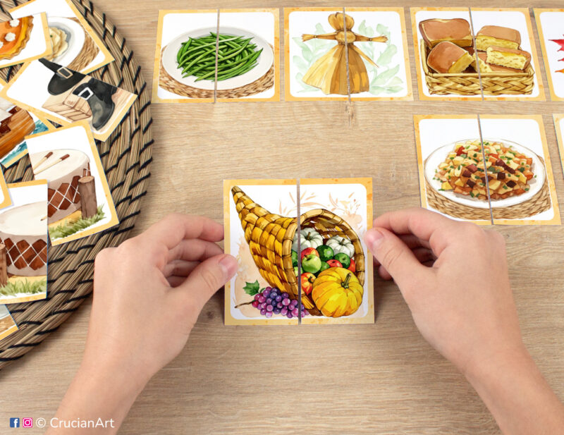 Kids puzzle matching activity in use: watercolor picture puzzle with a cornucopia. Montessori printables for two year olds. Thanksgiving Day puzzles: corn husk doll, cornbread, green beans.