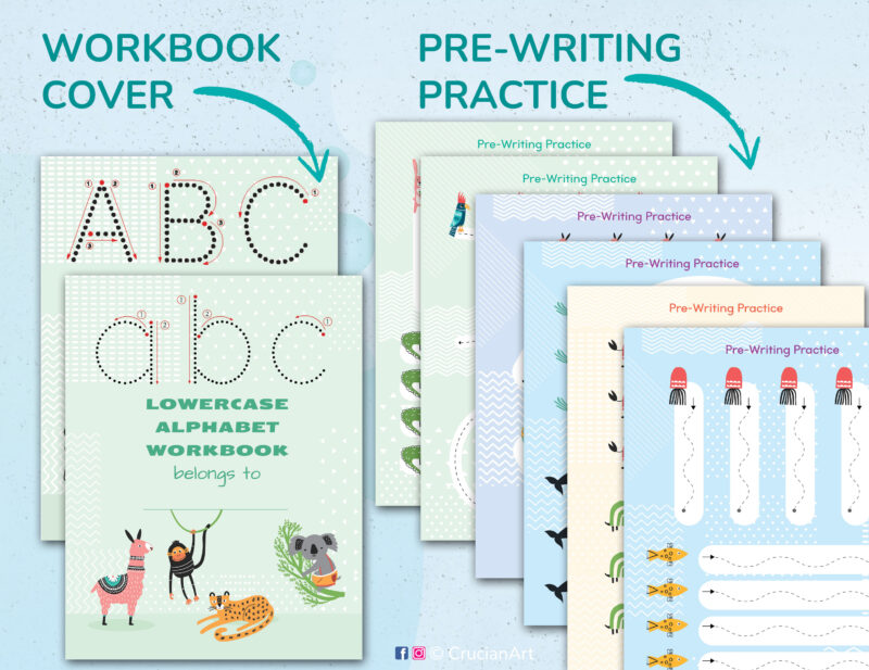Printable alphabet workbook with pre-writing practice tracing lines for fine motor skills. Letters worksheets for preschool and kindergarten.
