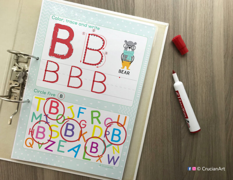 Diy alphabet workbooks for preschool classroom and homeschool curriculum. Printable handwriting practice worksheets for kids inserted into a ring binder.