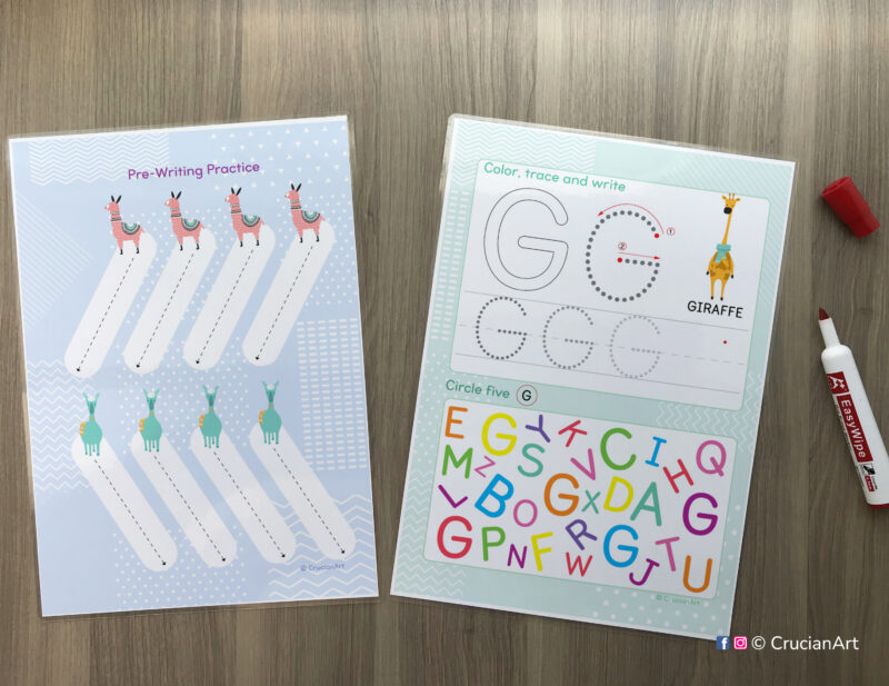 Printable alphabet workbook: pre-writing practice tracing lines and letter formation worksheets. Tracing guide, beginning sounds, letter recognition.