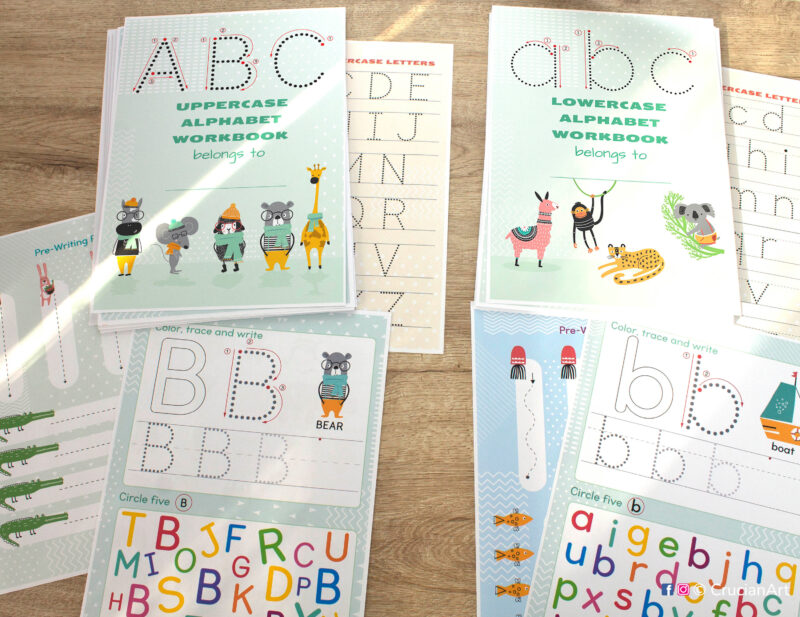 Set of uppercase and lowercase alphabet workbooks. Pre-writing practice and letter formation worksheets for kids. Printables for preschool classroom and homeschool curriculum.