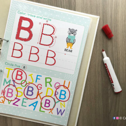 Diy uppercase alphabet workbook for preschool classroom and homeschool curriculum. Printable handwriting practice worksheets for kids inserted into a ring binder.