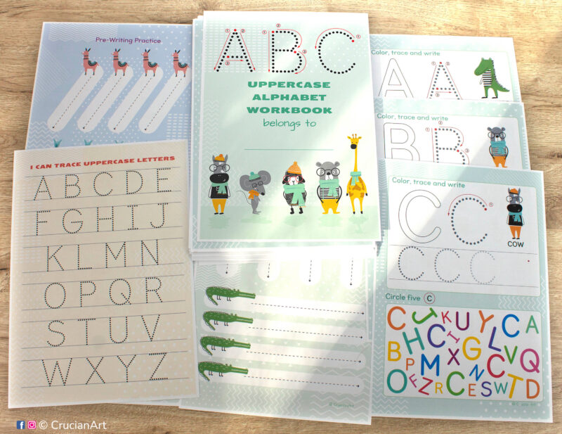 Set of uppercase alphabet workbooks. Pre-writing practice and capital letter formation worksheets for kids. Printables for preschool classroom and homeschool curriculum.