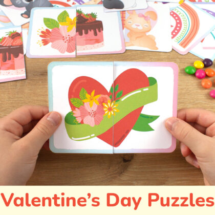 Saint Valentine Day picture puzzles for preschool education. February 14th holiday patterns matching cards for toddler learning.