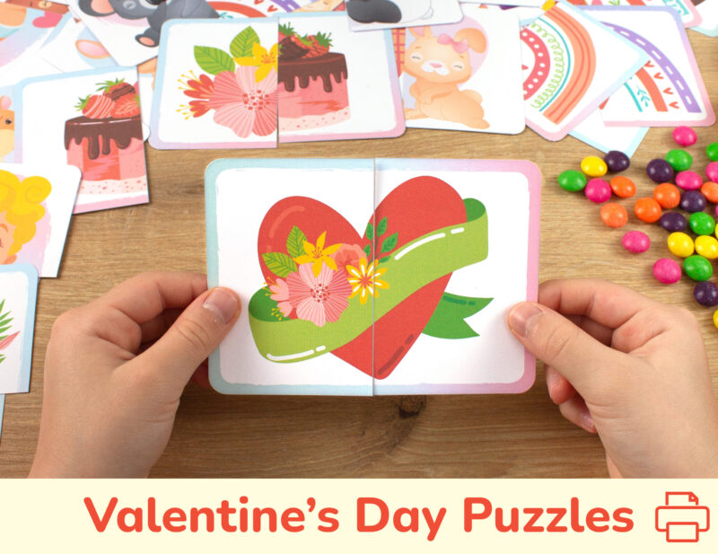 Saint Valentine Day picture puzzles for preschool education. February 14th holiday patterns matching cards for toddler learning.