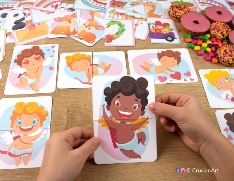 Brown skin Cupid picture puzzle. Saint Valentine Day theme puzzles play for preschool classrooms. Fine motor skills development for three year olds.