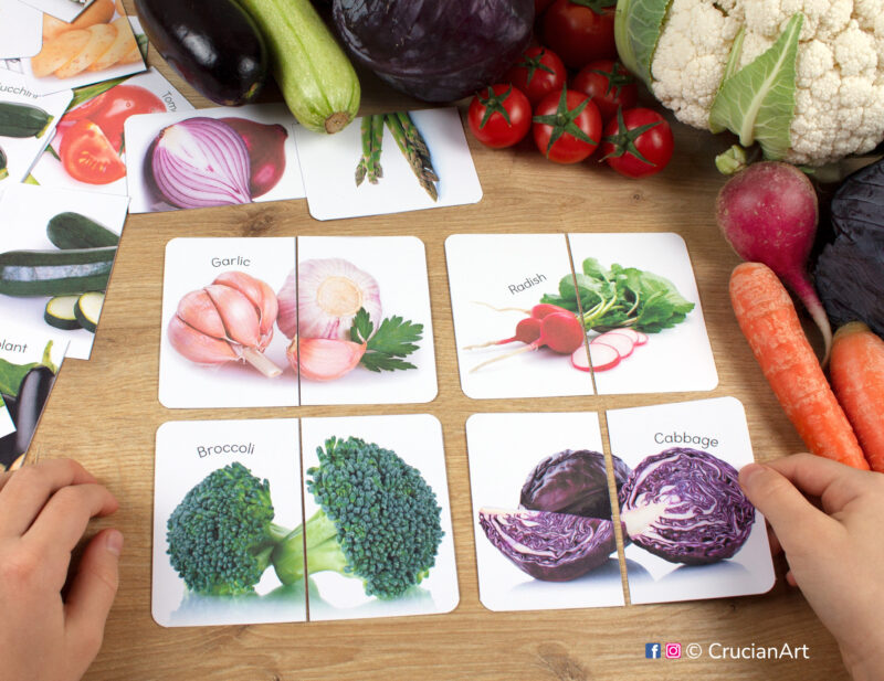 Real photo vegetables picture puzzles: broccoli, cabbage, radish, garlic. Match the puzzle halves printable game for early learning. Healthy food theme visual discrimination cards for toddler.