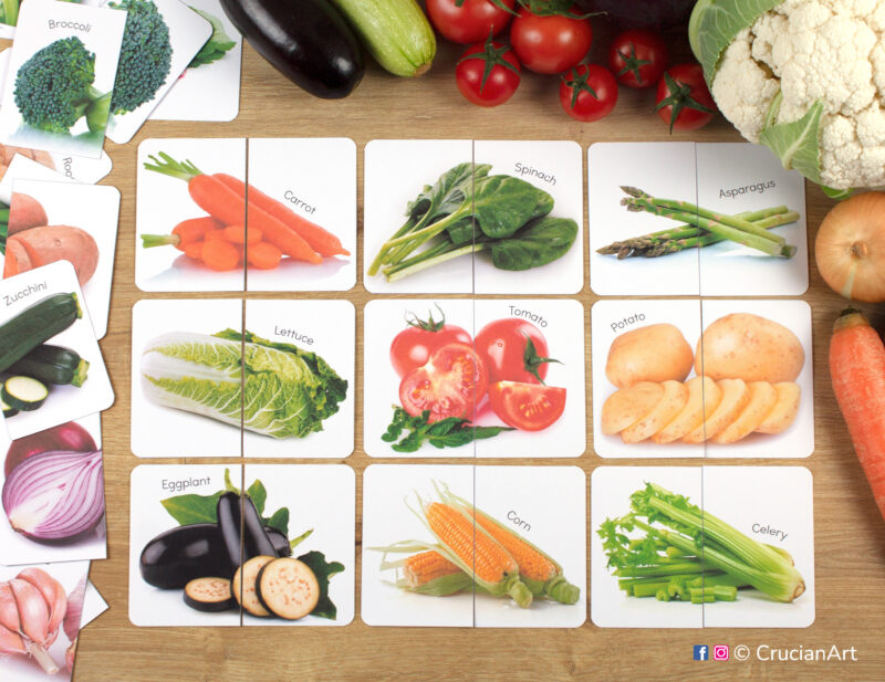 Vegetables real photo puzzles: tomato, potato, carrot, corn, eggplant, celery, lettuce, spinach, asparagus. Match the puzzle halves printable game for early learning. Healthy food theme visual discrimination cards for summer and autumn harvest unit.